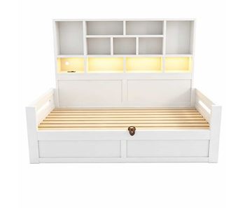 Sofá cama juvenil 90x200 cm - almacenamiento hidráulico, led, enchufes, cama individual multifuncional - blanco