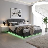 cama tapizado led trostiar con somier abatible  colchon lino 180x200cm negro encasa