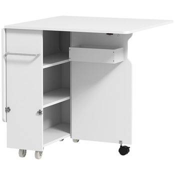 HOMCOM Mesa Abatible Plegable con Estantes de 3 Niveles, Caja y Ruedas, en MDF, 130x80x76.5 cm, Blanco   Aosom España