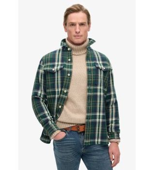 Superdry para hombre. M4010865A Camisa gruesa de cuadros Merchant Store verde (S), Casual, Algodón, Manga larga