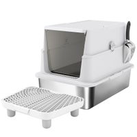 pawhut arenero para gatos de acero inoxidable xl cerrado con tapa abatible borde alto pala metalica antifugas gris claro