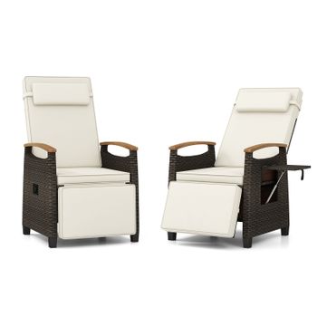 Costway Juego de 2 Sillones Ratán con Respaldo y Reposapiés Ajustables Mesa Abatible Reposacabezas Extraíble Reposabrazos para Terraza Patio Blanco