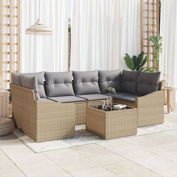 Vidaxl Juego De Sofá De Jardín De 7 Piezas Con Cojines Beige De Ratán De Polímero V2065 Unico / Gris