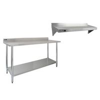 banco de catering de acero inoxidable de 180cm y 2 estantes montados en la pared