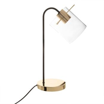 Lámpara de metal negro y dorado con pantalla de cristal