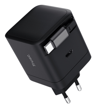 CARGADOR USB-C TRUST MAXO 65W PD CABLE SOLDADO RETRACTABLE 2XUSB-C NEGRO