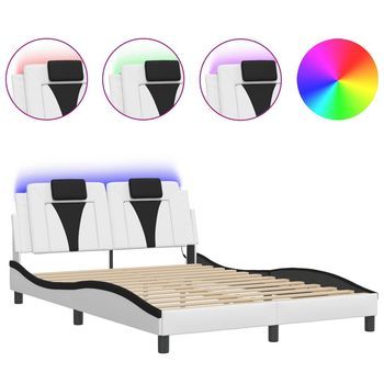 Cama Doble | Cama Para Adultos | Estructura Cama Con Led Cuero Sintético Blanco Negro 140x200 Cm