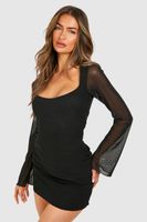 vestido mini de malla con mangas acampanadas negro