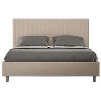 cama tapizada 120x190 cm imitacion piel cappuccino con cuadros sunda sin somier y sin box spring-color ribete verde crudo-ropa de cama 140x190 cm-opcion con base y sin caja