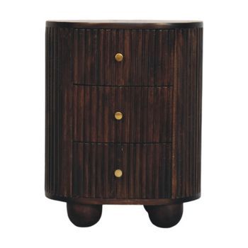 Mesita De Noche Curva Acanalada De Madera Maciza, Mueble Artesanal De 3 Cajones, Color Castaño.