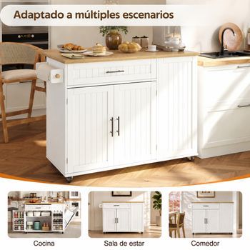 Isla De Cocina Con Ruedas Y Tablero De Trabajo Abatible, 130 X 70 X 93 Cm, Mdf Blanco
