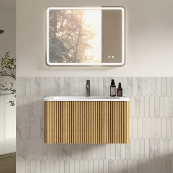 Conjunto De Baño Suspendido De 80 Cm Con Espejo Led Regulable Color Roble