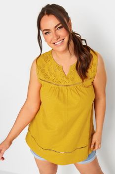 Yours Top Mostaza Con Canesú Con Bordados, Mujer Curvy Y Tallas Grandes, Yours
