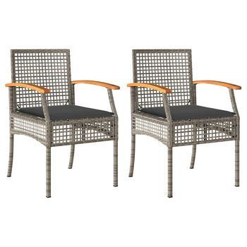 Pack 2 Uds Sillas De Jardín | Silla De Exterior | Sillón Con Cojín Ratán Pe Gris Y Madera Acacia
