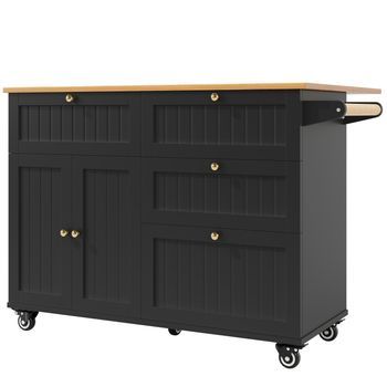 Isla De Cocina Con Almacenamiento, Negra, 133 X 70 X 88 Cm, Ruedas Y Puertas 3d