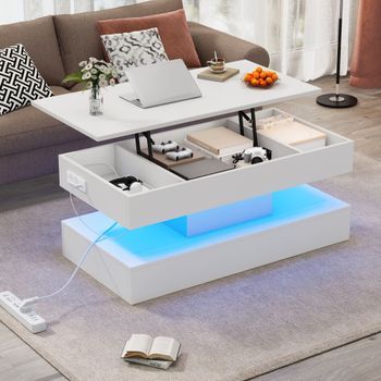 Mesa De Centro Elevable Blanca Con Iluminación Led Y Compartimento Oculto, 100 X 50 X 42 Cm