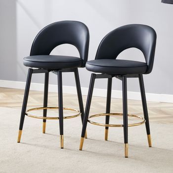 Pack De 2 Taburetes De Bar - Mueble De Cocina - Metal Y Pu - Negro Y Dorado (44x44x91.5cm)