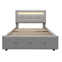 cama individual 90x200cm en tejido de lino con led y 2 cajones gris