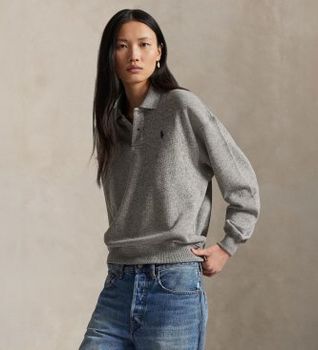 Polo Ralph Lauren para mujer. 211965097004 Jersey tipo polo de felpa ligera gris (M), Casual, Algodón, Manga larga