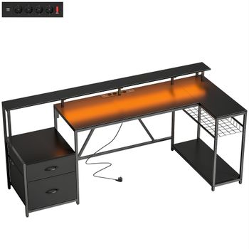 HOMCOM Escritorio Gaming Esquinero con Hub de Carga, Luces LED y Soporte para Monitor, en Madera y Acero, 192.5x80x86.5 cm, Negro   Aosom España