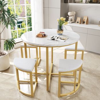 Juego De Mesa Y 4 Sillas - Mueble De Comedor - Mdf Y Metal - Blanco Y Dorado (80x80x75cm)