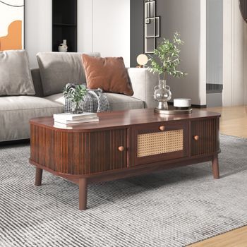 Mesa De Centro De Ratán Con Cajones, Puertas De Madera Y Patas Macizas, 110 X 55 X 38,5 Cm