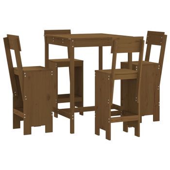 Mesa Y Taburetes Altos De Jardín 5 Piezas Madera Pino Marrón Miel