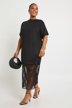 Vestido Camiseta Plus Midaxi Con Detalle De Encaje, Negro