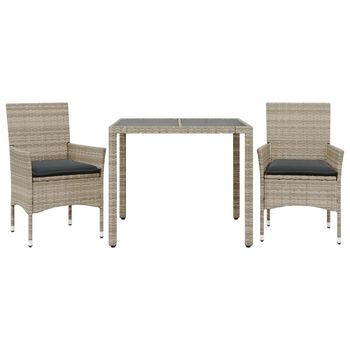 Set Comedor Jardín 3 Uds | Mueble Jardin Mesa Y Sillas Y Cojines Ratán Pe Vidrio Gris Claro