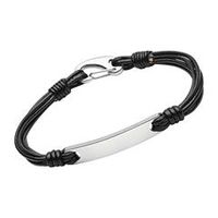pulsera de cuero negro con mosqueton de chapa grabada