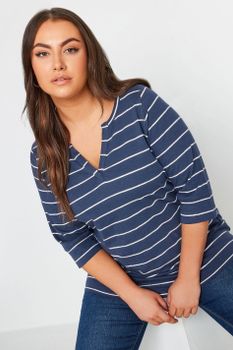 Yours Top De Algodón Azul Con Rayas Blancas, Mujer Curvy Y Tallas Grandes, Yours