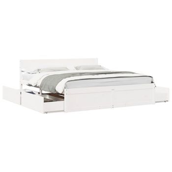 Cama Doble | Cama Para Adultos | Estructura De Cama Cajones Madera Maciza Pino Blanco 180x200 Cm