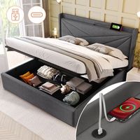 cama contenedor 160 x 200 cm con cabecero - usb  tipo c - tela de lino - gris