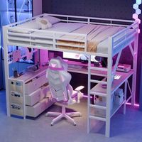 cama alta de metal blanca de 140 x 200 cm con escritorio en u y luces led