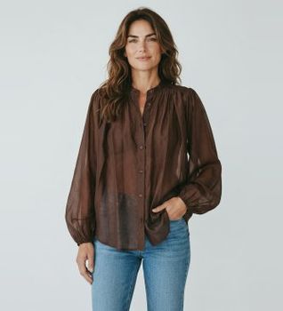 Twinset para mujer. 261TF2040 Camisa de gasa fruncida marrón (42), Casual, Manga larga, Lyocell