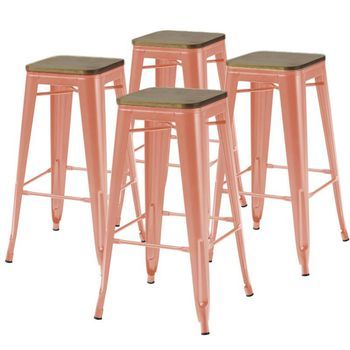 Set De 4 Taburetes De Bar De Metal Mate En Color Terracota Y Madera, Indus - Oviala