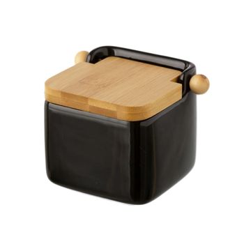 Salero de cerámica negro con tapa de bambú 11 x 12 cm