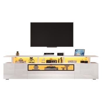 Mueble De Tv De 180 Cm - Mueble De Salón De Alto Brillo Con Led - Tv De 75 Pulgadas - Blanco