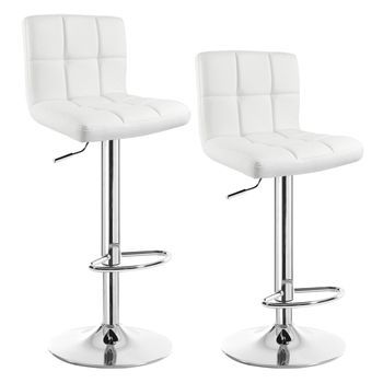 Juego De 2 Taburetes De Bar De Piel Sintética - Asiento Bien Acolchado - Altura Regulable - Blanco