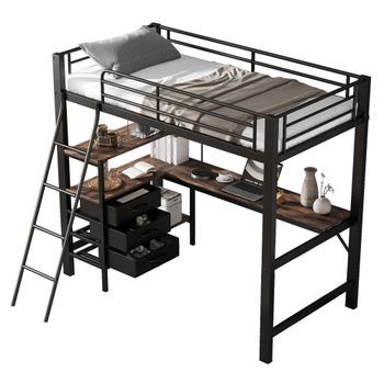Cama Alta Con Escritorio 90x200 Y 3 Cajones, Litera De Metal Negra Y Madera Nogal Oscuro