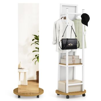 Costway Perchero de Pie con Espejo de Cuerpo Entero Ganchos Estantes Ruedas 360° para Dormitorio Armario Entrada Blanco y Natural