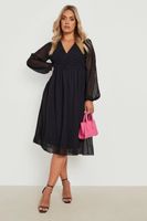 vestido plus midi de dobby con nudo frontal negro