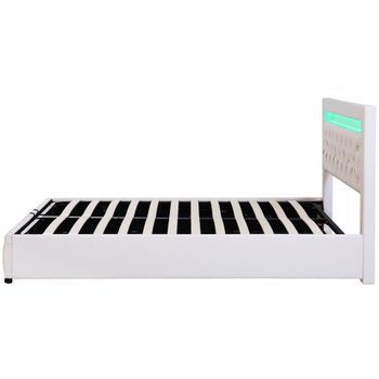 Cama Tapizada 140 X 190 Cm Blanca Con Almacenamiento Hidráulico E Iluminación Led