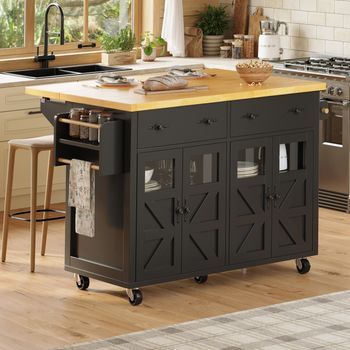 Isla De Cocina Con Ruedas, Tablero Extensible, 140 × 73 × 93,5 Cm, Negra