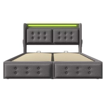 Cama Con Almacenaje De Tela De Lino De 140x200cm Con Led Y Puertos De Carga Gris