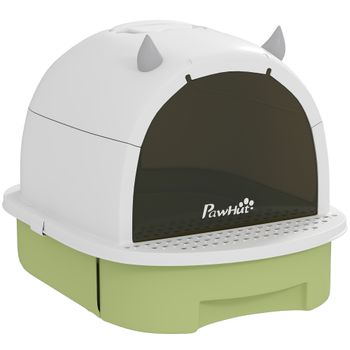 PawHut Arenero Cerrado para Gatos con Bandeja Extraíble Filtro de Carbono Pala y Asa Superior 40,5x52x39 cm Blanco y Verde