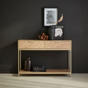 Consola de madera con efecto espiga y 2 cajones, 110cm, natural