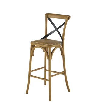 Taburete alto con respaldo de madera de fresno, acero negro y ratán Alt. 75