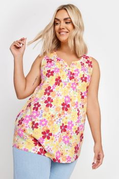 Yours Camiseta Floral Sin Mangas De Algodón Con Jaretas, Mujer Curvy Y Tallas Grandes, Yours