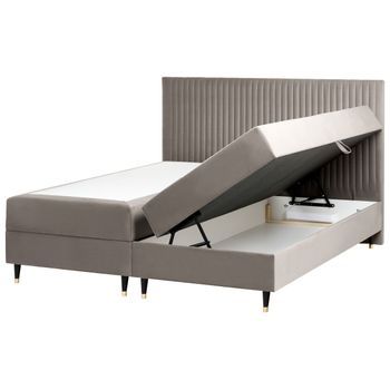 Cama Continental Con Almacenaje De Terciopelo 180 X 200 Cm Gris Pardo Dame